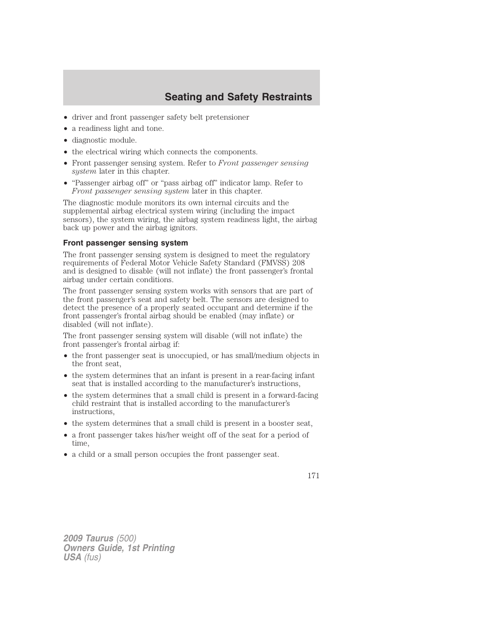 Front passenger sensing system, Seating and safety restraints | FORD 2009 Taurus v.1 User Manual | Page 171 / 336