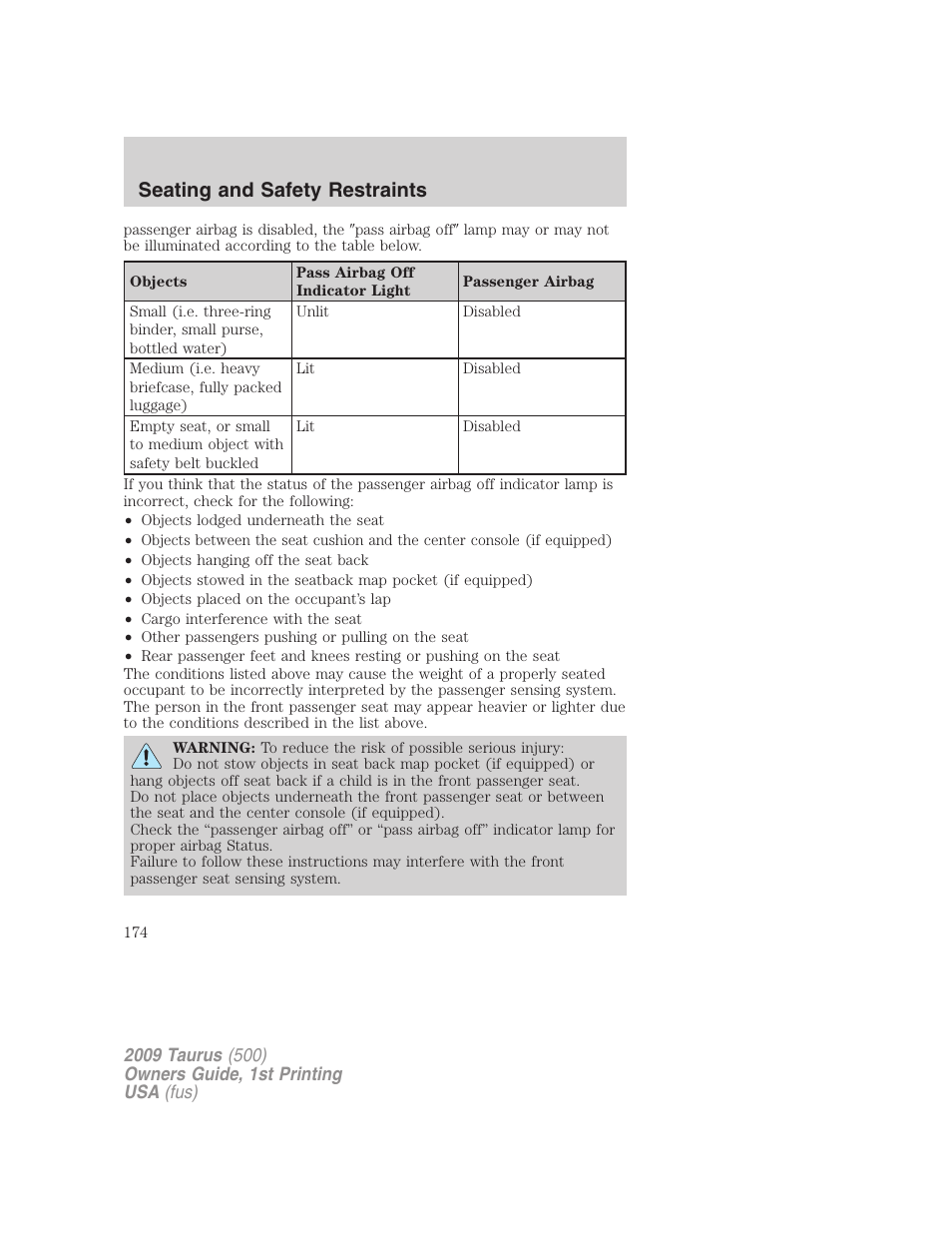 Seating and safety restraints | FORD 2009 Taurus v.1 User Manual | Page 174 / 336