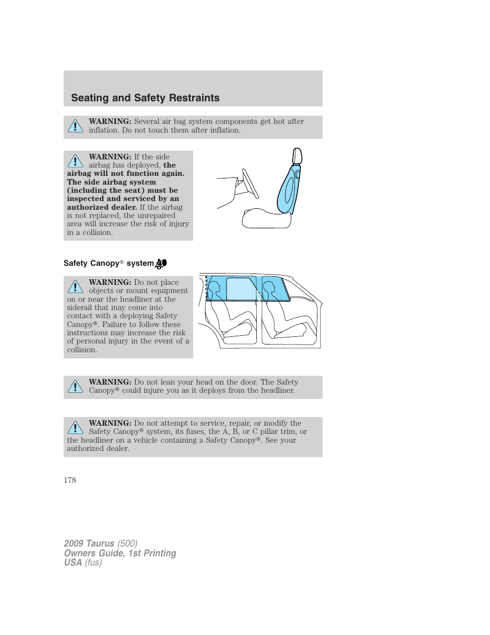 Safety canopy system, Seating and safety restraints | FORD 2009 Taurus v.1 User Manual | Page 178 / 336