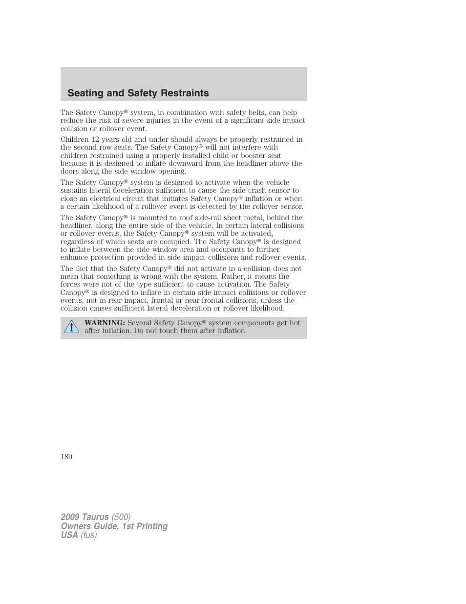 Seating and safety restraints | FORD 2009 Taurus v.1 User Manual | Page 180 / 336
