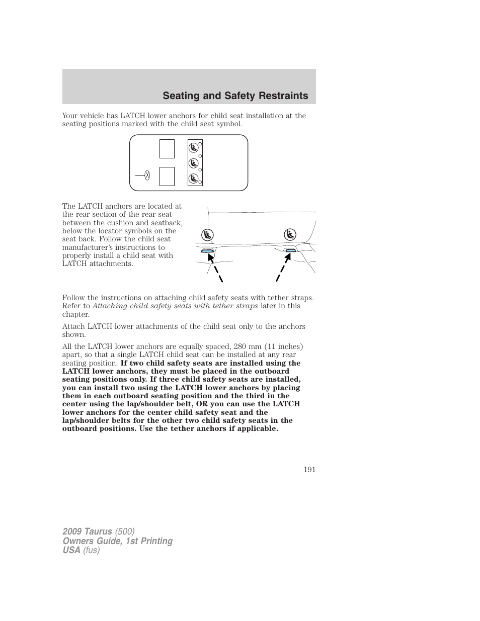 Seating and safety restraints | FORD 2009 Taurus v.1 User Manual | Page 191 / 336