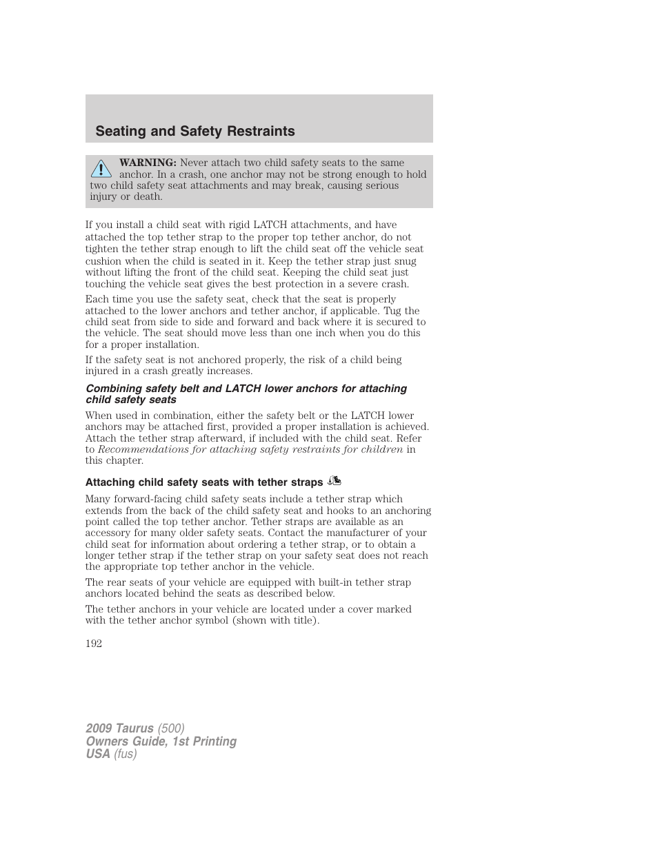 Attaching child safety seats with tether straps, Seating and safety restraints | FORD 2009 Taurus v.1 User Manual | Page 192 / 336