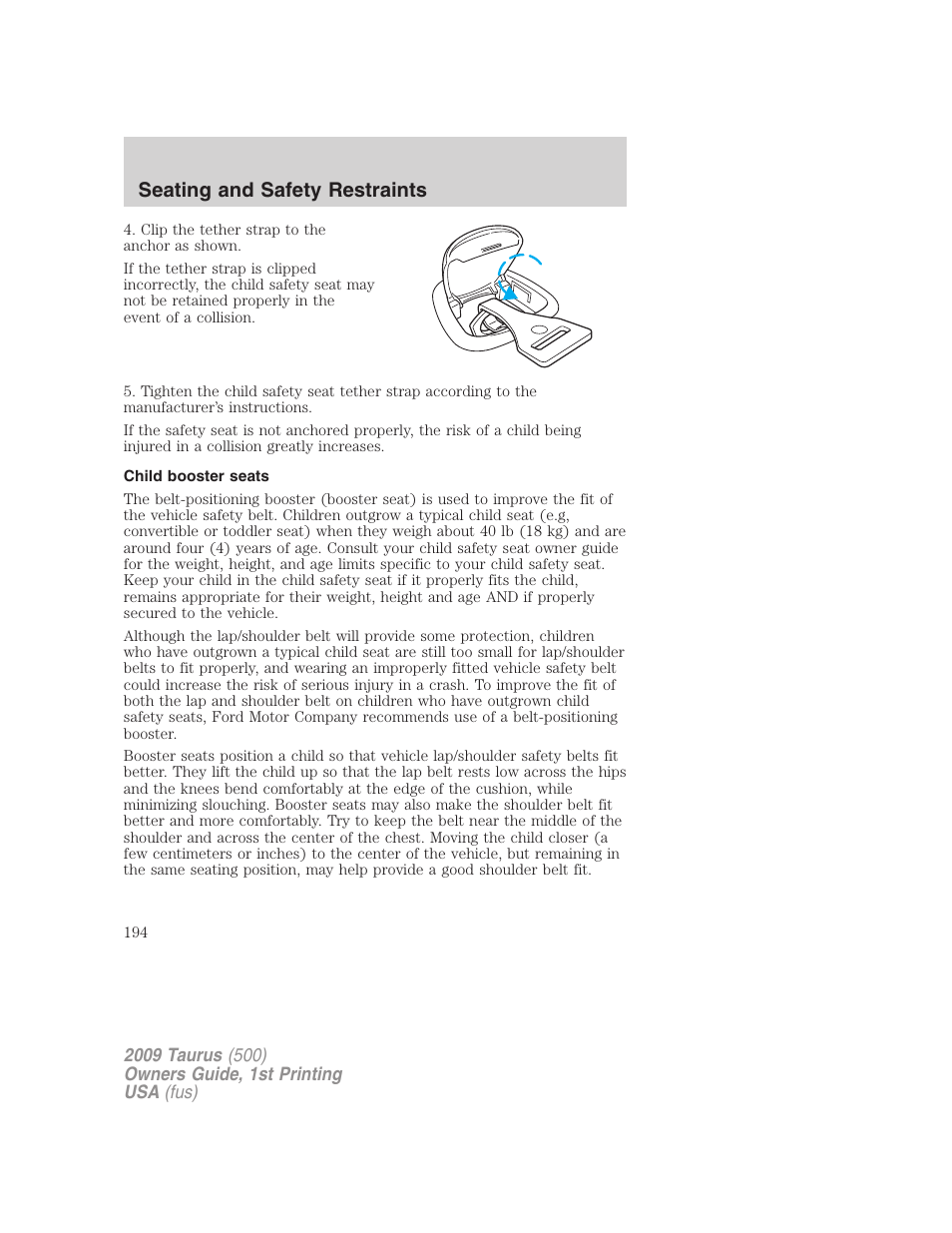 Child booster seats, Seating and safety restraints | FORD 2009 Taurus v.1 User Manual | Page 194 / 336