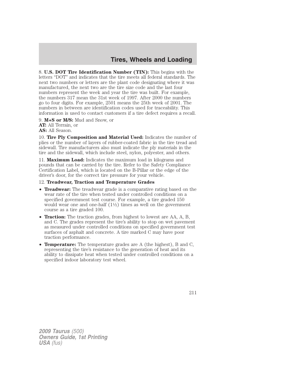 Tires, wheels and loading | FORD 2009 Taurus v.1 User Manual | Page 211 / 336