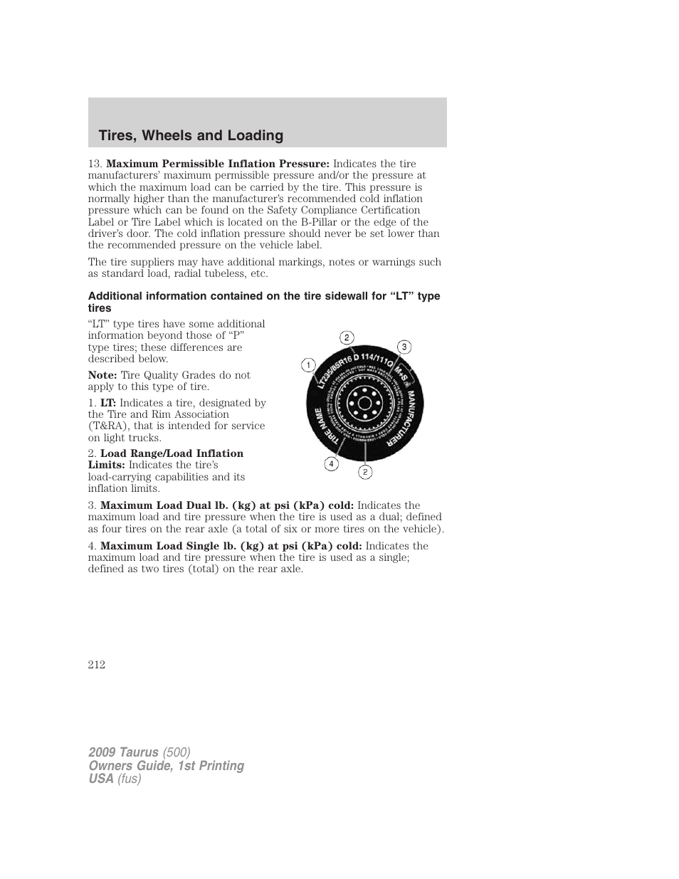 Tires, wheels and loading | FORD 2009 Taurus v.1 User Manual | Page 212 / 336