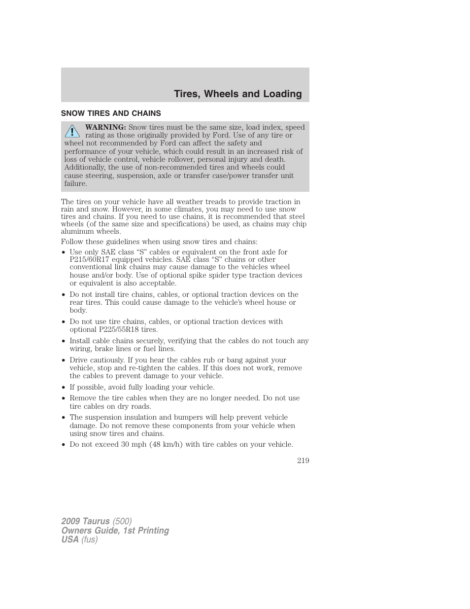 Snow tires and chains, Tires, wheels and loading | FORD 2009 Taurus v.1 User Manual | Page 219 / 336