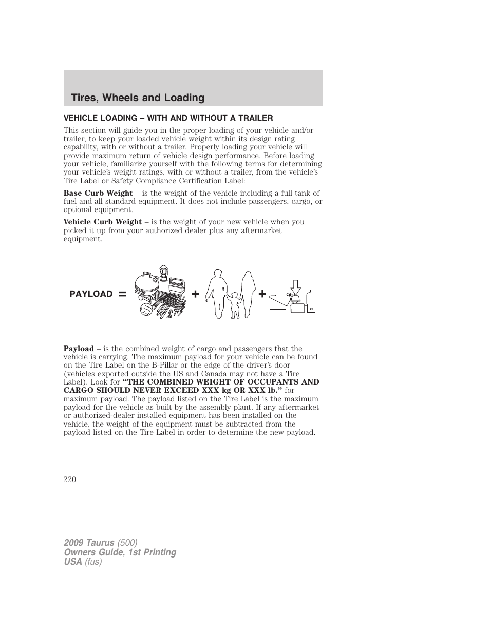 Vehicle loading – with and without a trailer, Vehicle loading, Tires, wheels and loading | FORD 2009 Taurus v.1 User Manual | Page 220 / 336