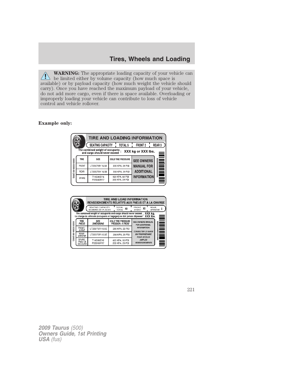 Tires, wheels and loading | FORD 2009 Taurus v.1 User Manual | Page 221 / 336