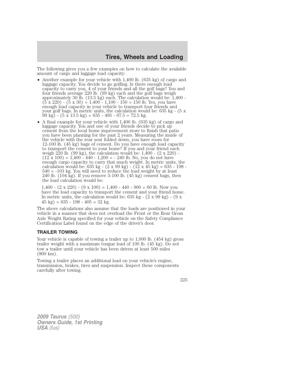 Trailer towing, Tires, wheels and loading | FORD 2009 Taurus v.1 User Manual | Page 225 / 336