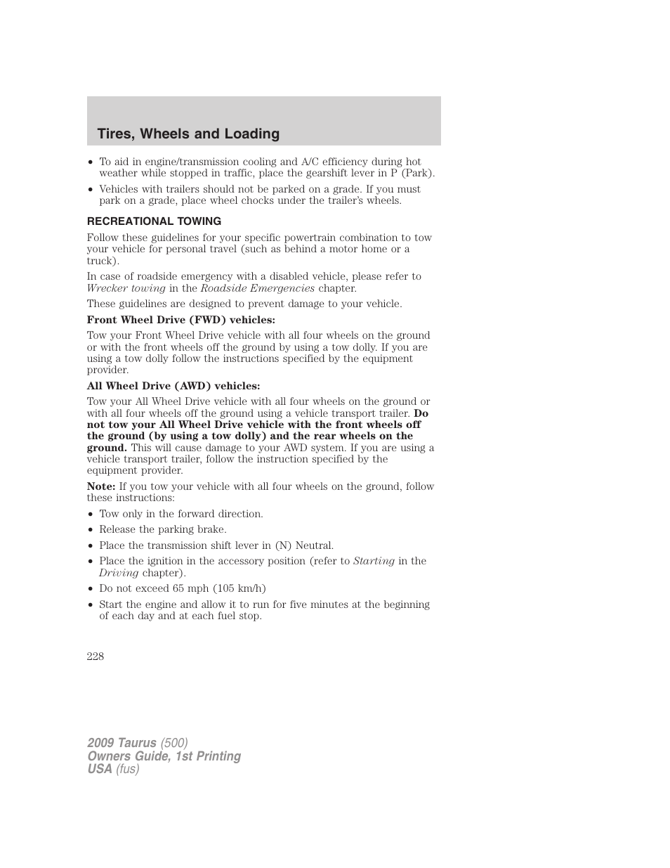 Recreational towing, Tires, wheels and loading | FORD 2009 Taurus v.1 User Manual | Page 228 / 336