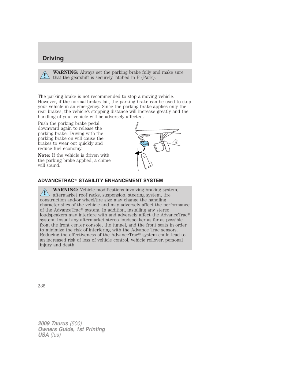 Advancetrac stability enhancement system, Driving | FORD 2009 Taurus v.1 User Manual | Page 236 / 336