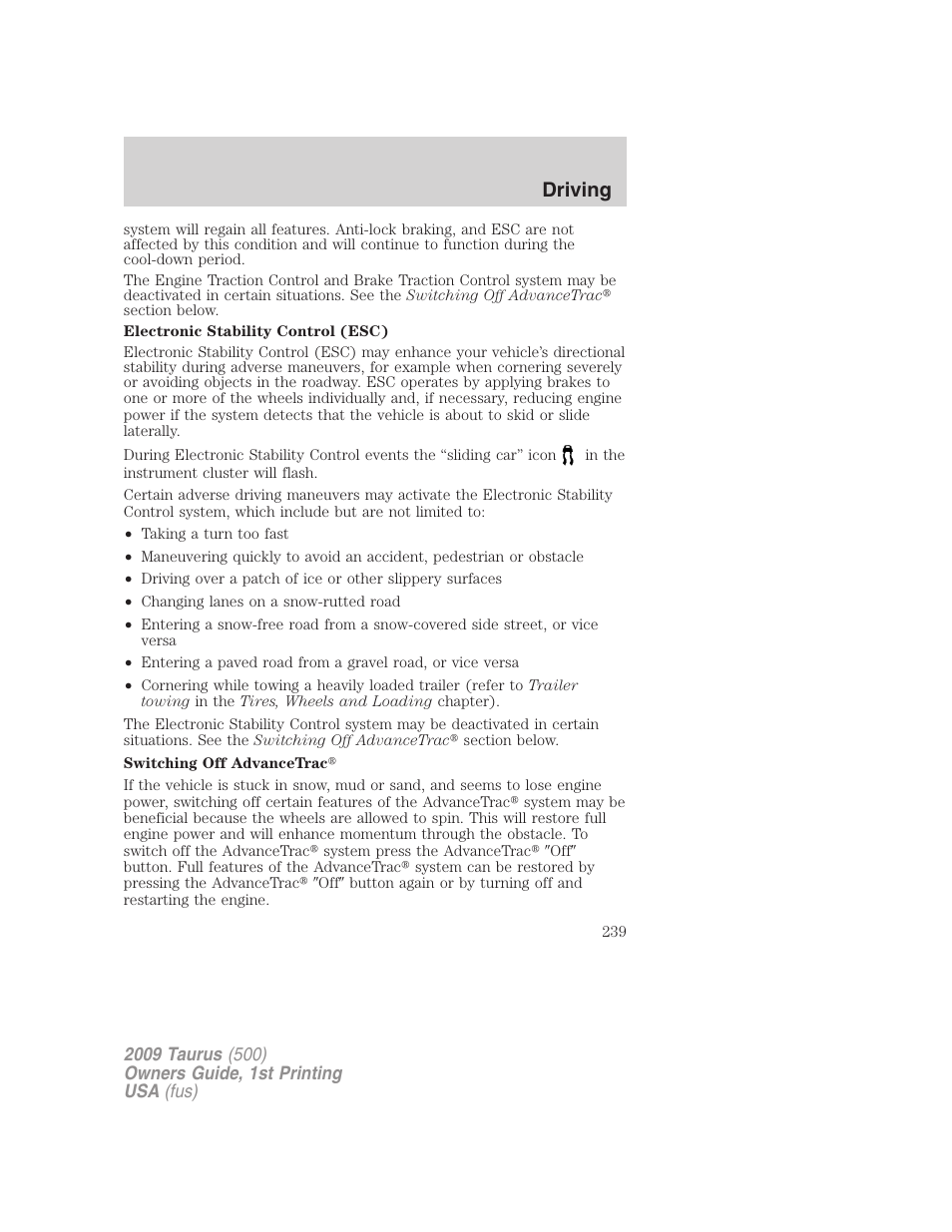 Driving | FORD 2009 Taurus v.1 User Manual | Page 239 / 336