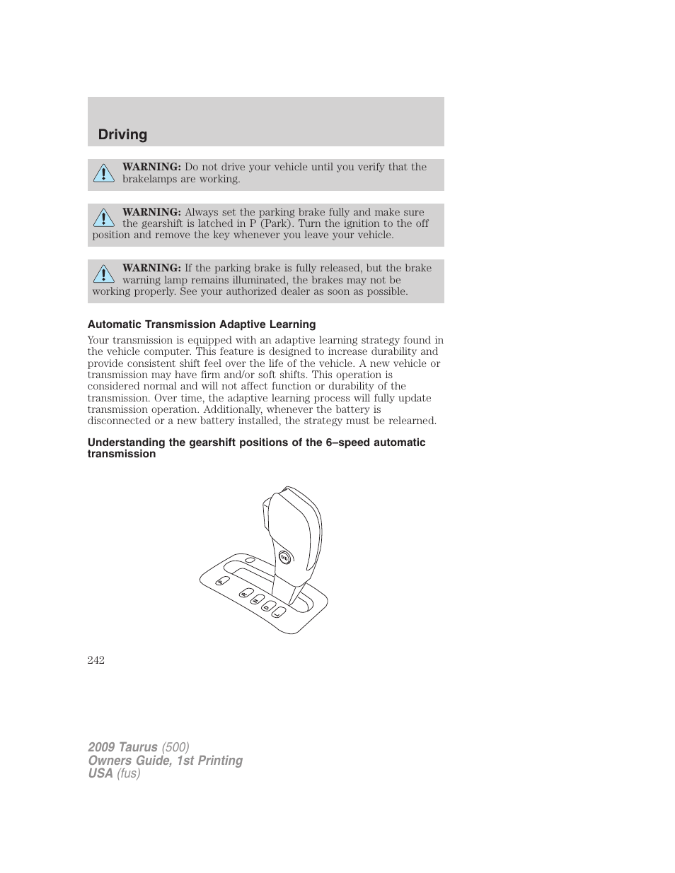 Automatic transmission adaptive learning, Driving | FORD 2009 Taurus v.1 User Manual | Page 242 / 336