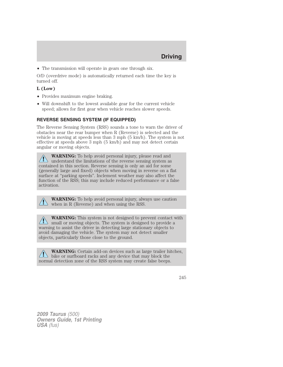 Reverse sensing system (if equipped), Reverse sensing system, Driving | FORD 2009 Taurus v.1 User Manual | Page 245 / 336