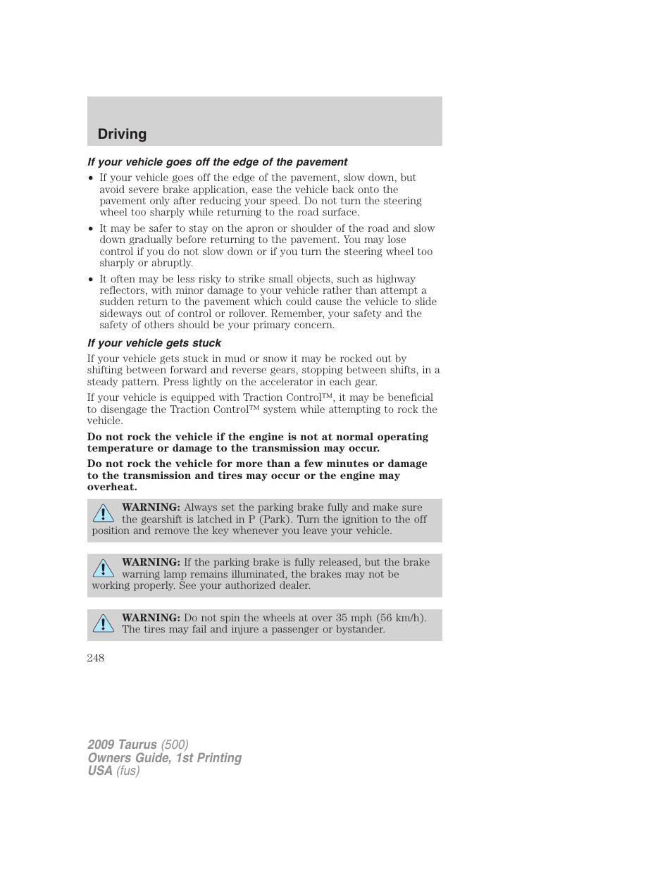 If your vehicle goes off the edge of the pavement, If your vehicle gets stuck, Driving | FORD 2009 Taurus v.1 User Manual | Page 248 / 336