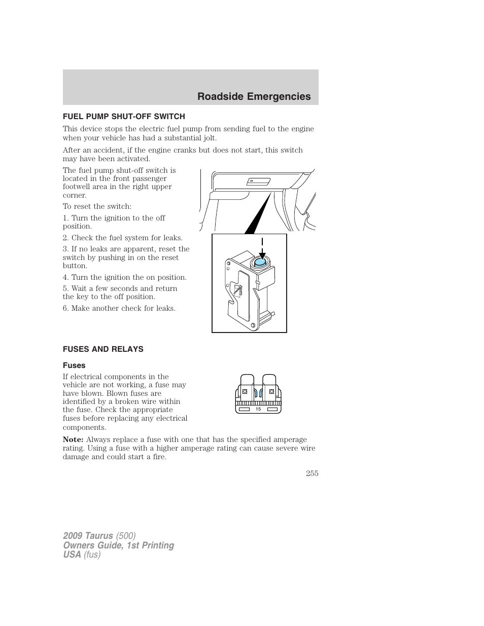 Fuel pump shut-off switch, Fuses and relays, Fuses | Roadside emergencies | FORD 2009 Taurus v.1 User Manual | Page 255 / 336