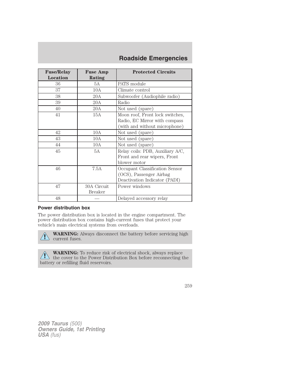 Power distribution box, Roadside emergencies | FORD 2009 Taurus v.1 User Manual | Page 259 / 336