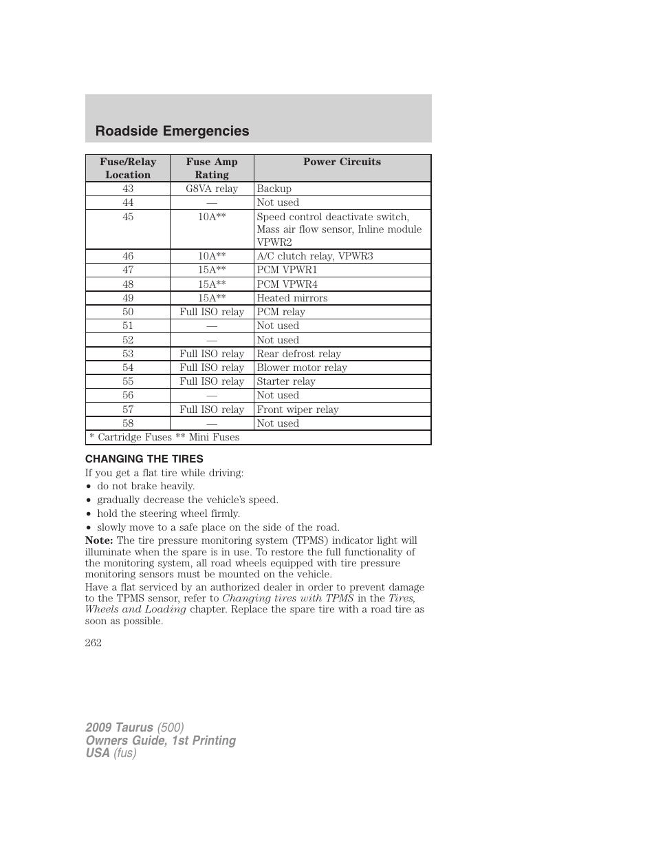 Changing the tires, Changing tires, Roadside emergencies | FORD 2009 Taurus v.1 User Manual | Page 262 / 336