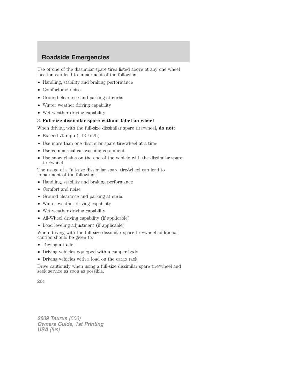 Roadside emergencies | FORD 2009 Taurus v.1 User Manual | Page 264 / 336