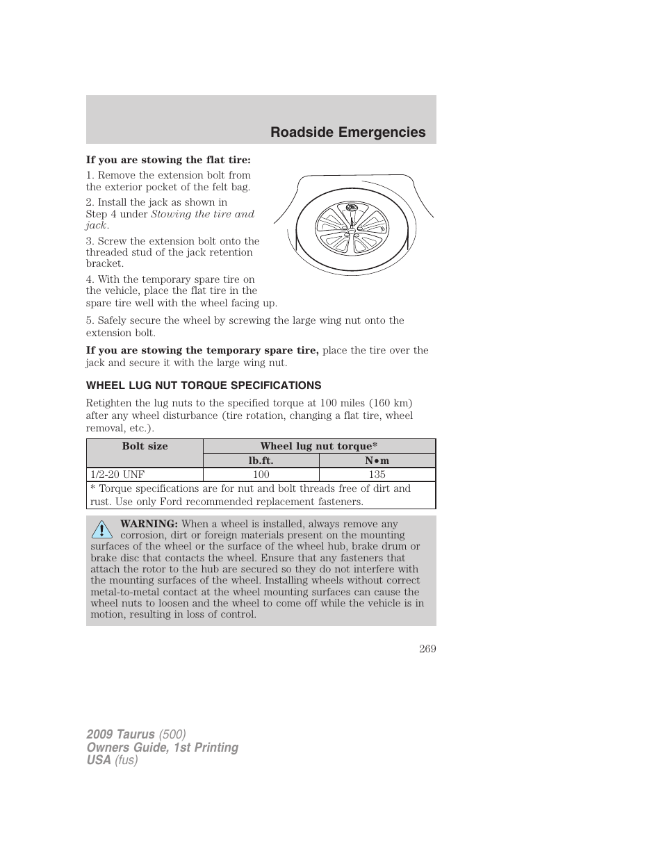 Wheel lug nut torque specifications, Wheel lug nut torque, Roadside emergencies | FORD 2009 Taurus v.1 User Manual | Page 269 / 336