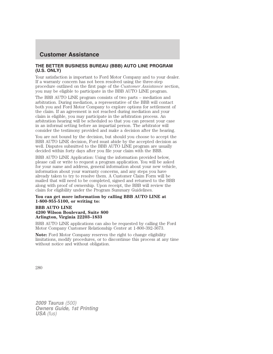 Customer assistance | FORD 2009 Taurus v.1 User Manual | Page 280 / 336
