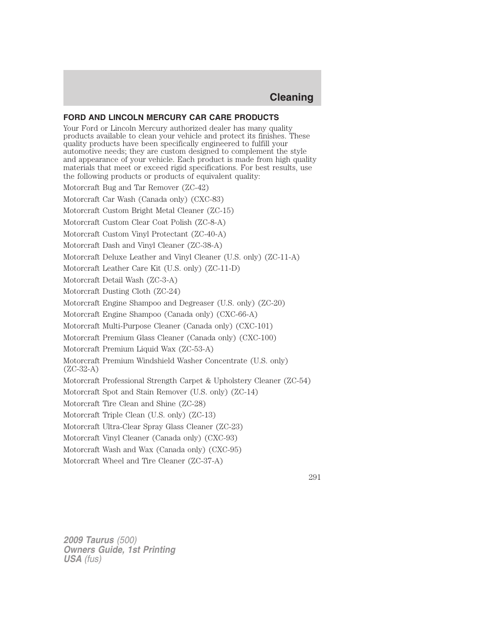 Ford and lincoln mercury car care products, Cleaning | FORD 2009 Taurus v.1 User Manual | Page 291 / 336