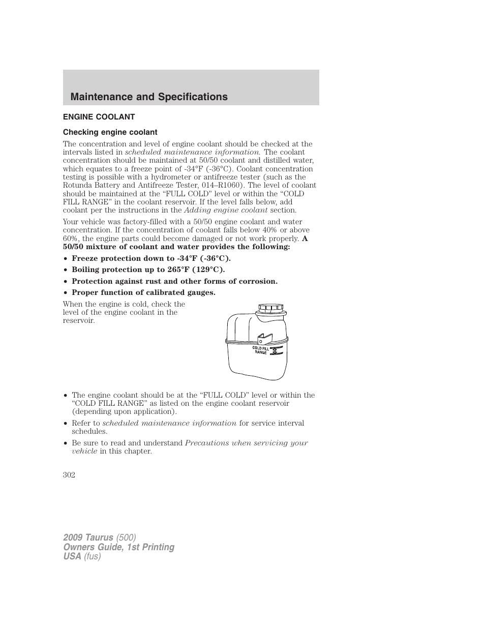 Engine coolant, Checking engine coolant, Maintenance and specifications | FORD 2009 Taurus v.1 User Manual | Page 302 / 336