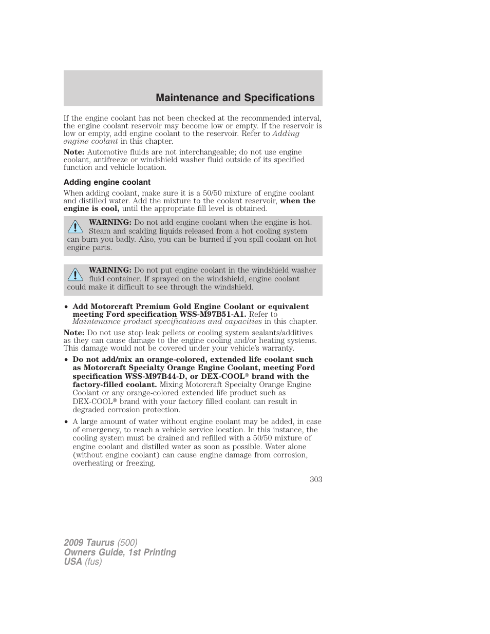Adding engine coolant, Maintenance and specifications | FORD 2009 Taurus v.1 User Manual | Page 303 / 336