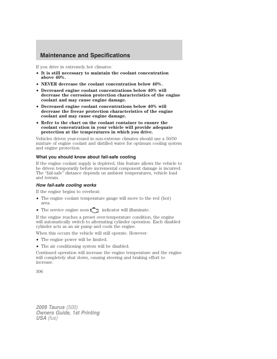 What you should know about fail-safe cooling, How fail-safe cooling works, Maintenance and specifications | FORD 2009 Taurus v.1 User Manual | Page 306 / 336