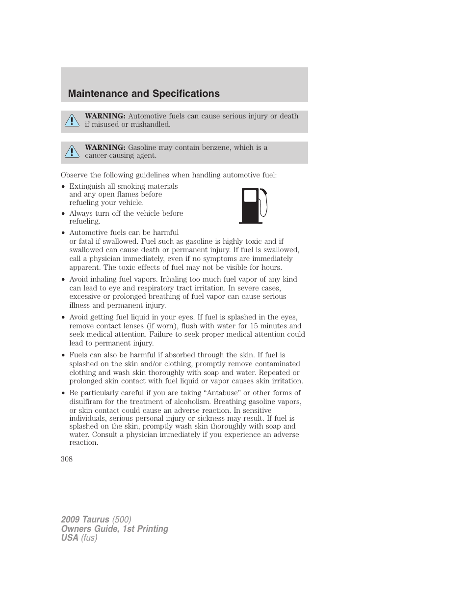 Maintenance and specifications | FORD 2009 Taurus v.1 User Manual | Page 308 / 336