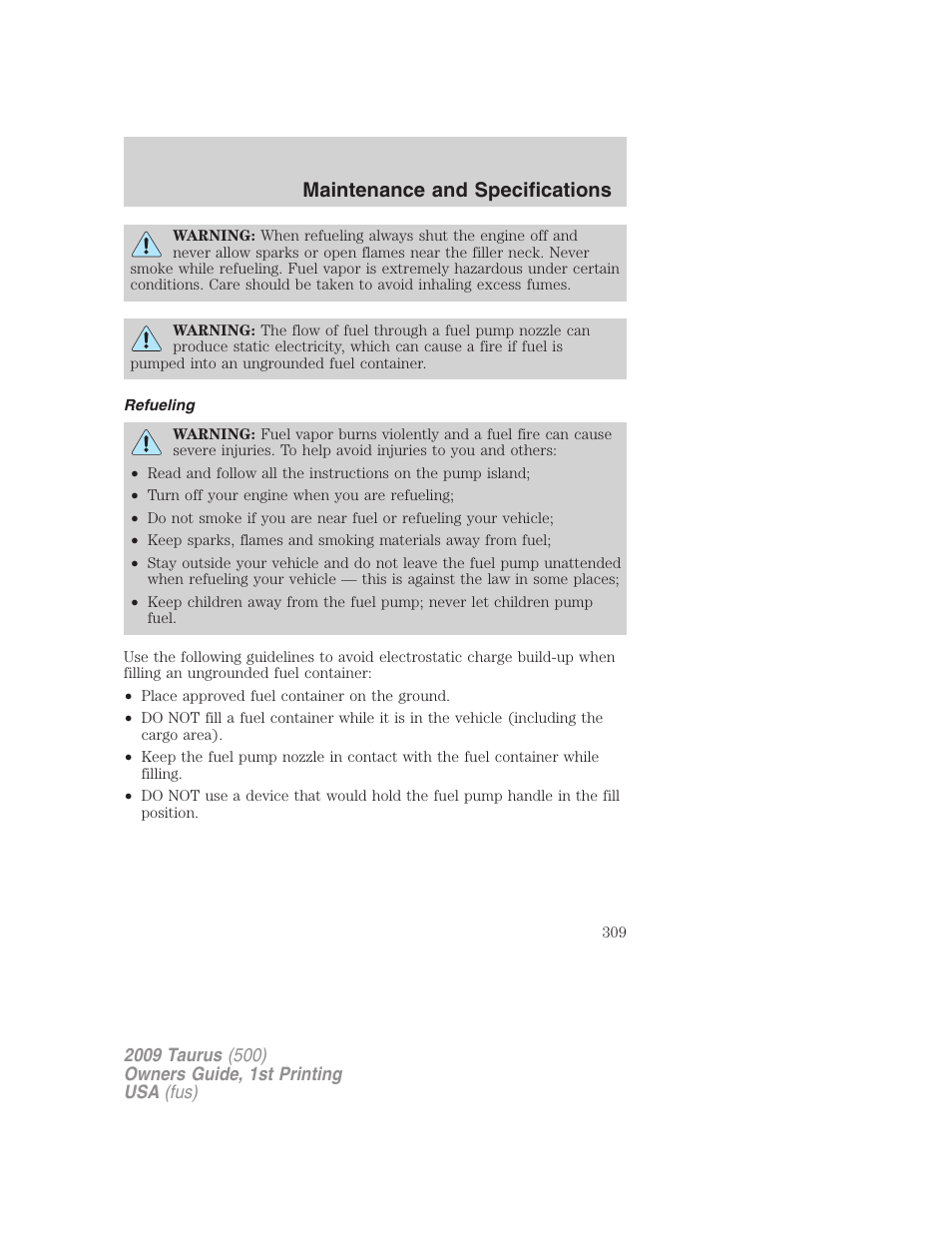 Refueling, Maintenance and specifications | FORD 2009 Taurus v.1 User Manual | Page 309 / 336