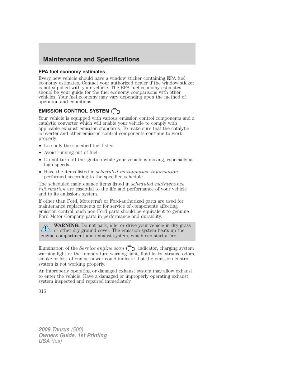 Epa fuel economy estimates, Emission control system, Maintenance and specifications | FORD 2009 Taurus v.1 User Manual | Page 316 / 336