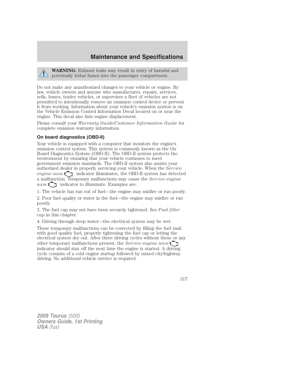 On board diagnostics (obd-ii), Maintenance and specifications | FORD 2009 Taurus v.1 User Manual | Page 317 / 336