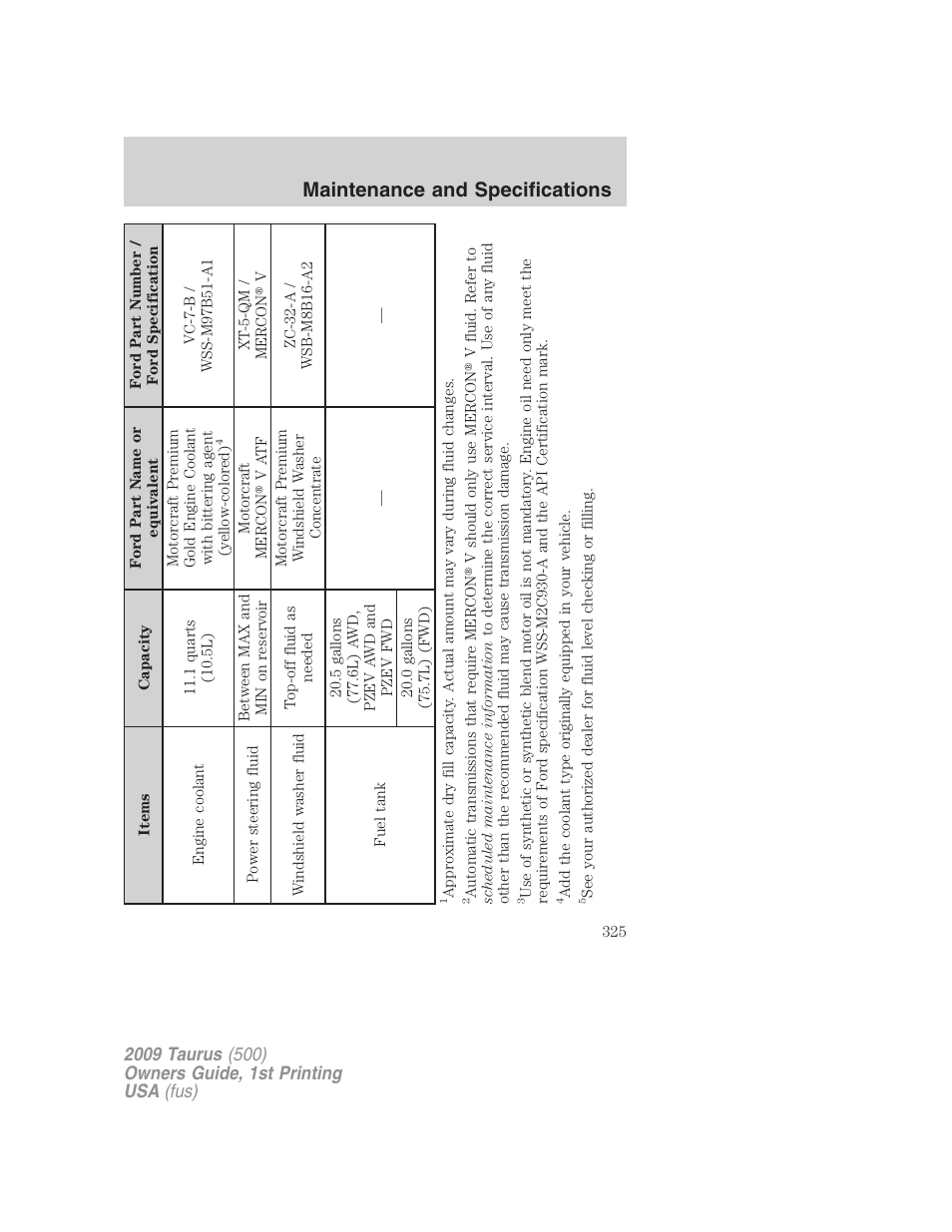 Maintenance and specifications | FORD 2009 Taurus v.1 User Manual | Page 325 / 336