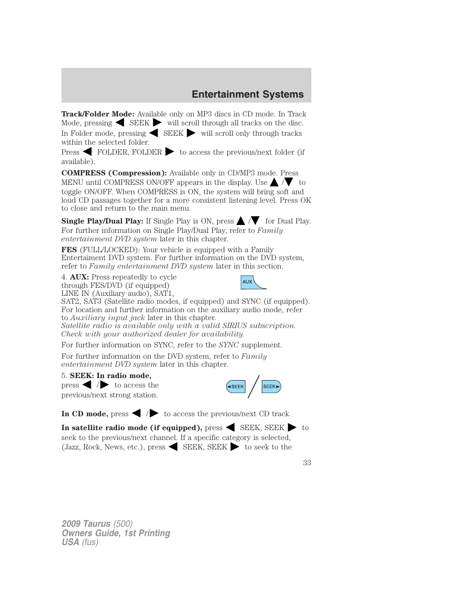 Entertainment systems | FORD 2009 Taurus v.1 User Manual | Page 33 / 336