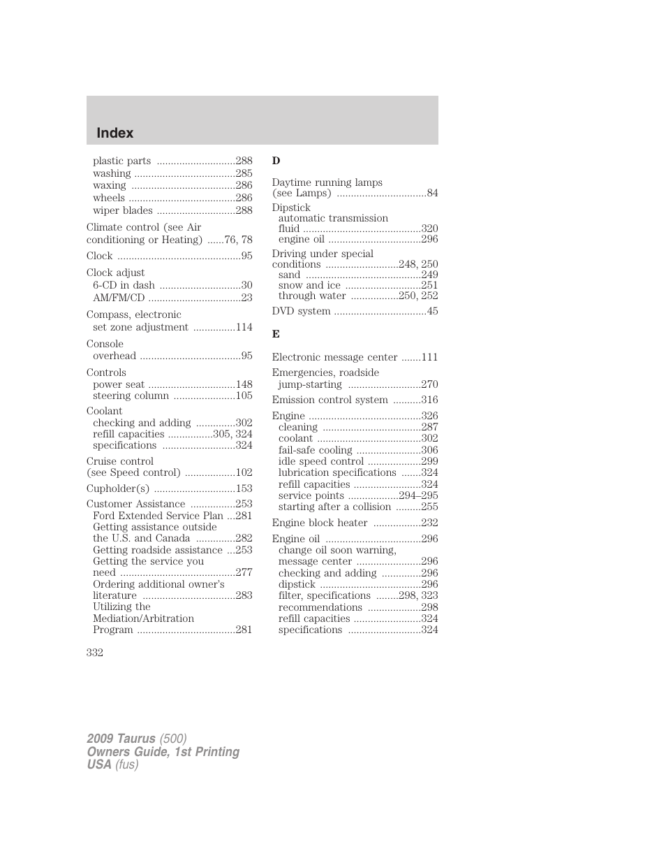 Index | FORD 2009 Taurus v.1 User Manual | Page 332 / 336