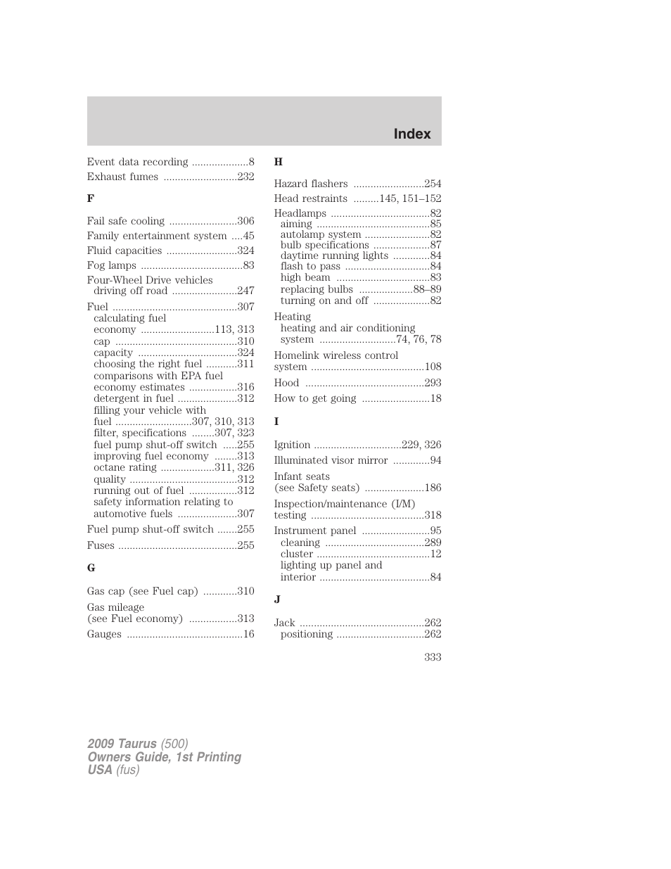 Index | FORD 2009 Taurus v.1 User Manual | Page 333 / 336