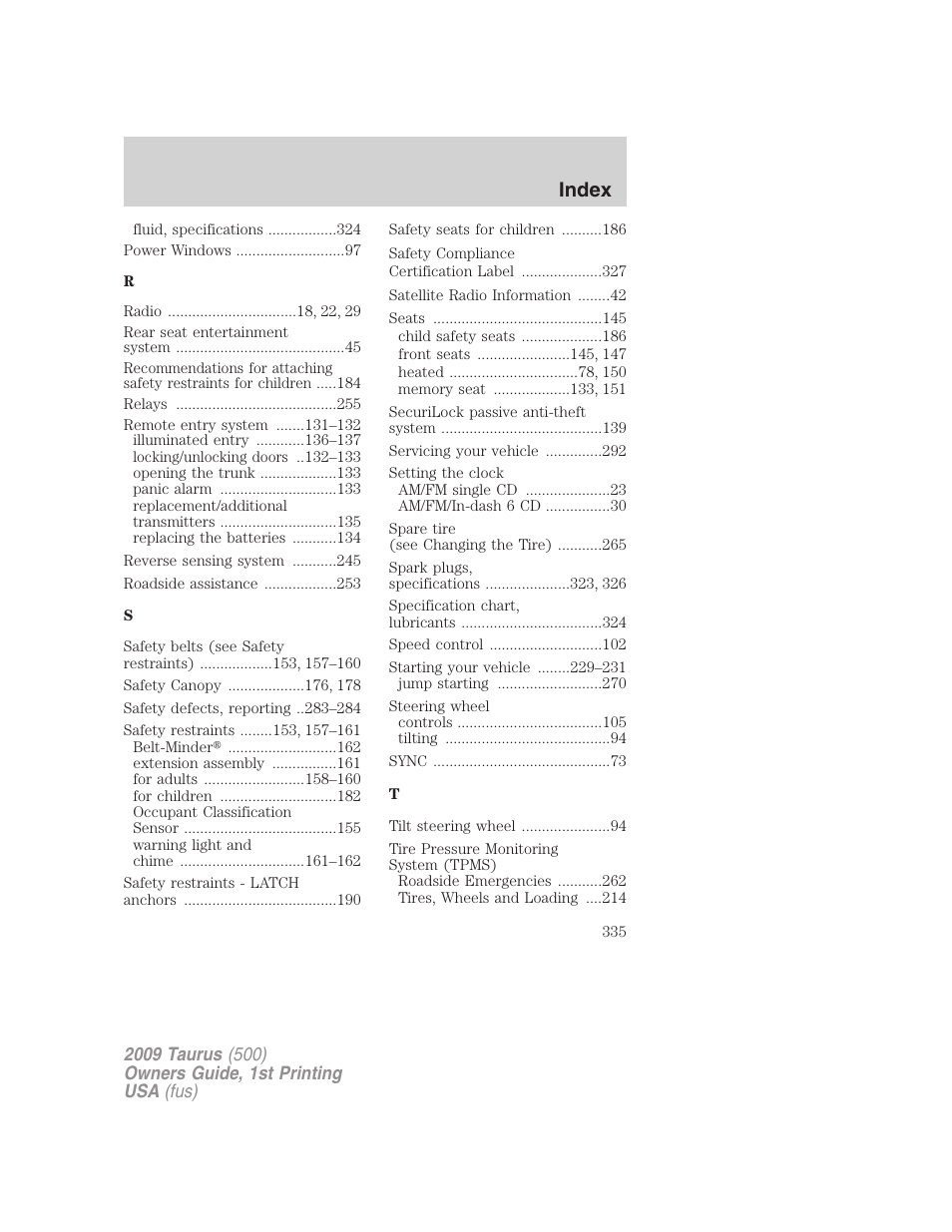 Index | FORD 2009 Taurus v.1 User Manual | Page 335 / 336