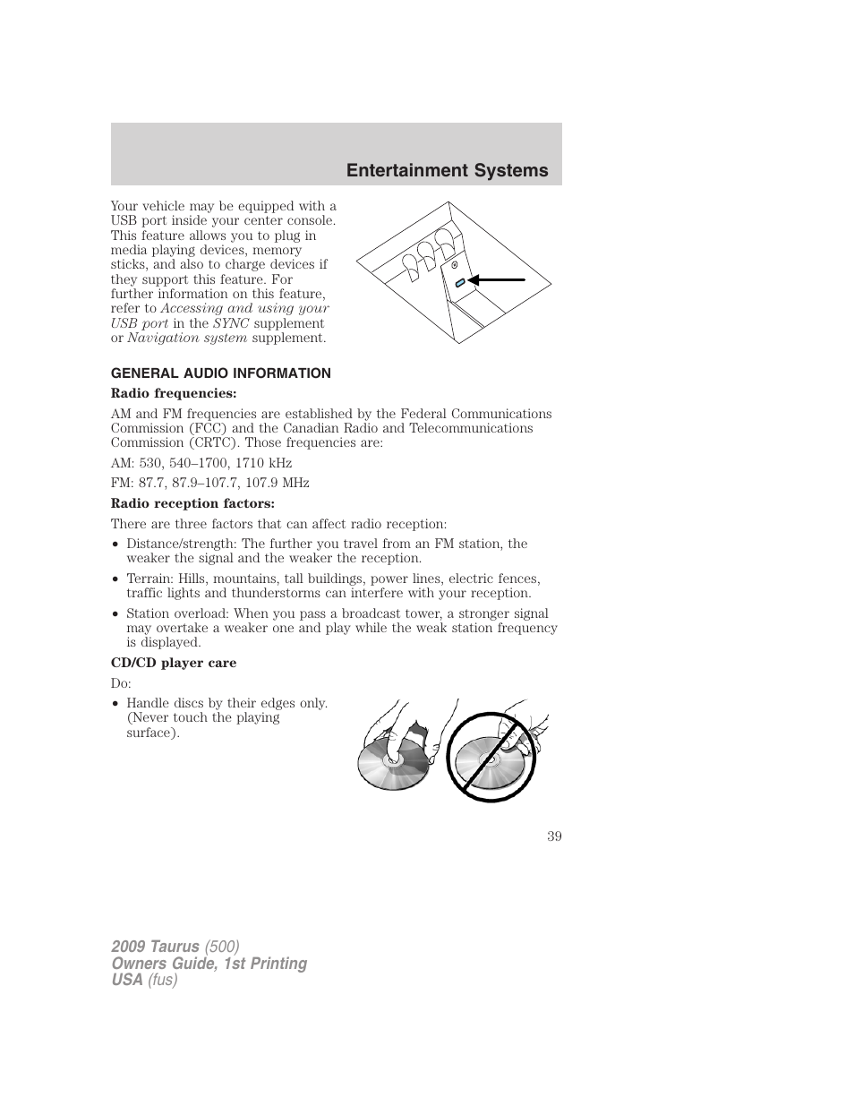 General audio information, Entertainment systems | FORD 2009 Taurus v.1 User Manual | Page 39 / 336