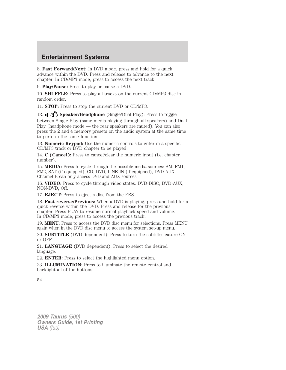 Entertainment systems | FORD 2009 Taurus v.1 User Manual | Page 54 / 336