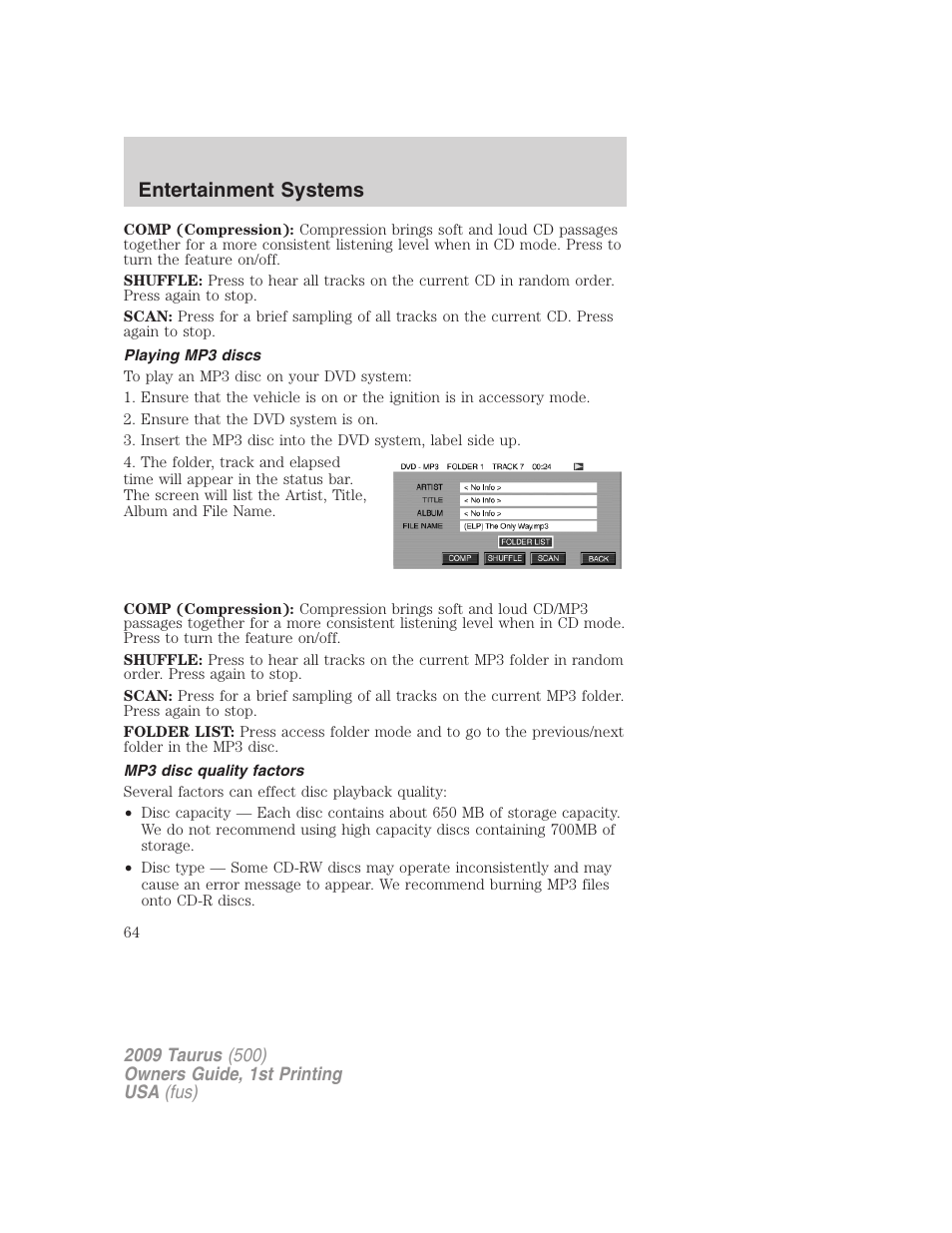 Playing mp3 discs, Mp3 disc quality factors, Entertainment systems | FORD 2009 Taurus v.1 User Manual | Page 64 / 336