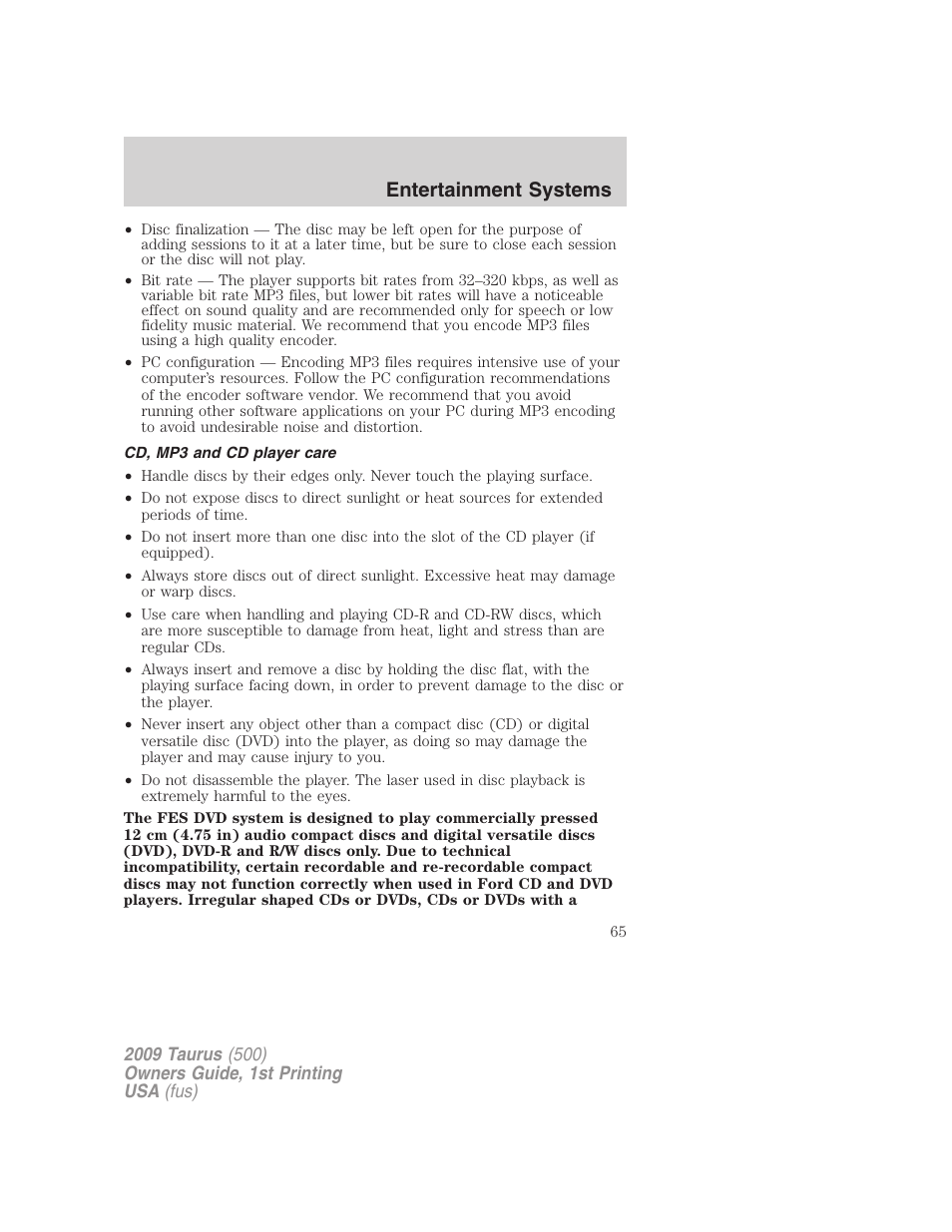 Cd, mp3 and cd player care, Entertainment systems | FORD 2009 Taurus v.1 User Manual | Page 65 / 336