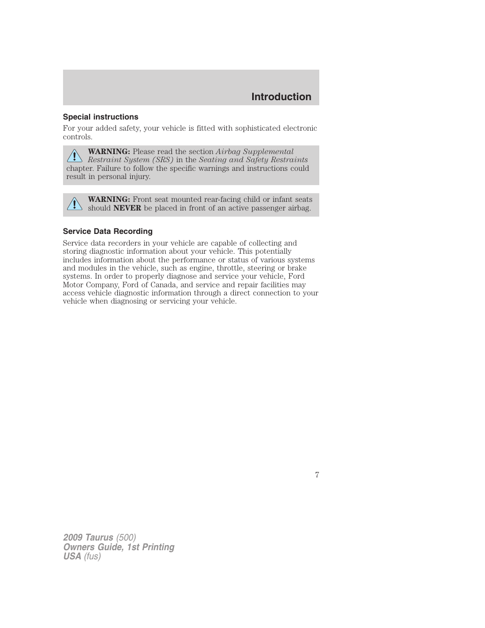 Special instructions, Service data recording, Introduction | FORD 2009 Taurus v.1 User Manual | Page 7 / 336