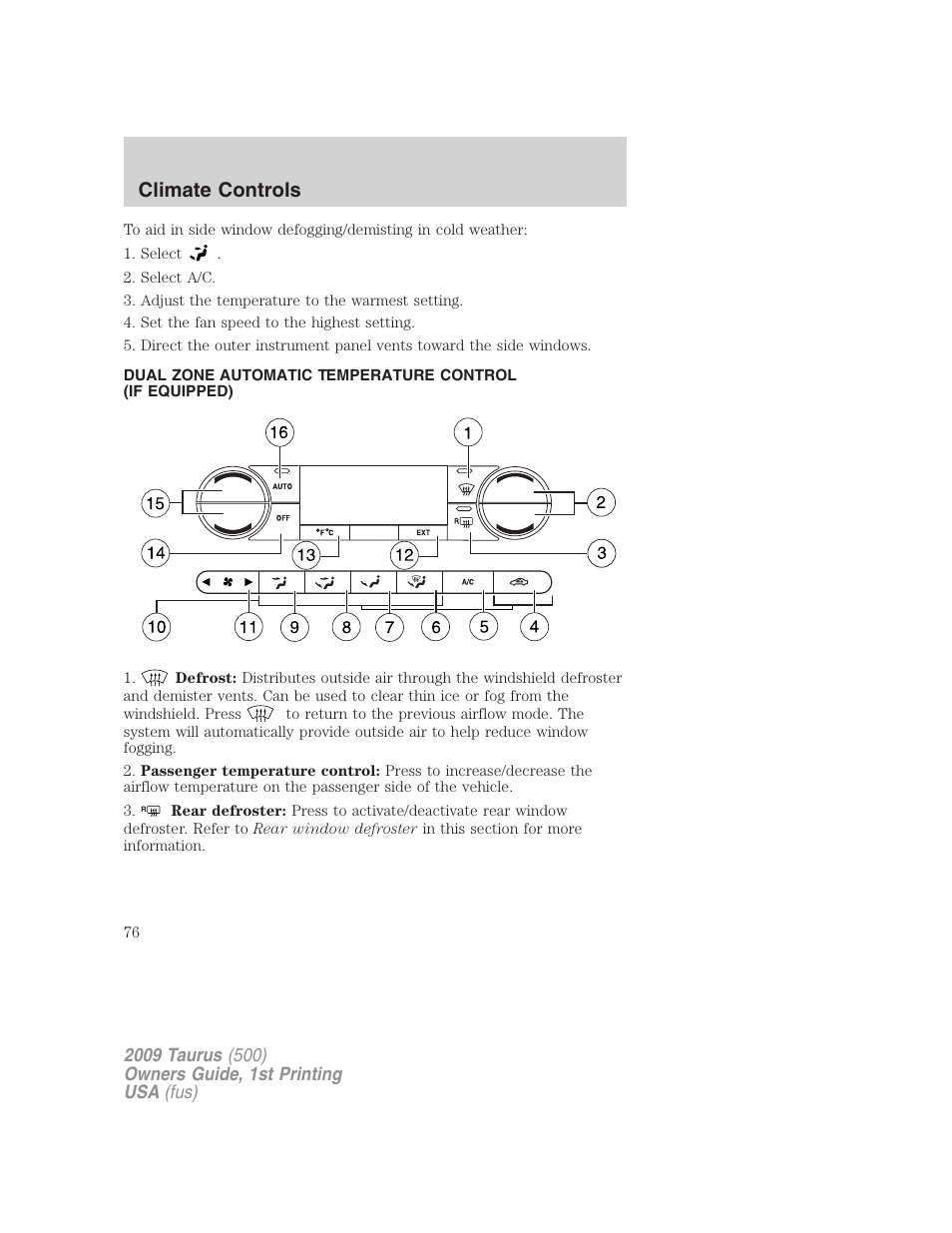 Automatic temperature control, Climate controls | FORD 2009 Taurus v.1 User Manual | Page 76 / 336