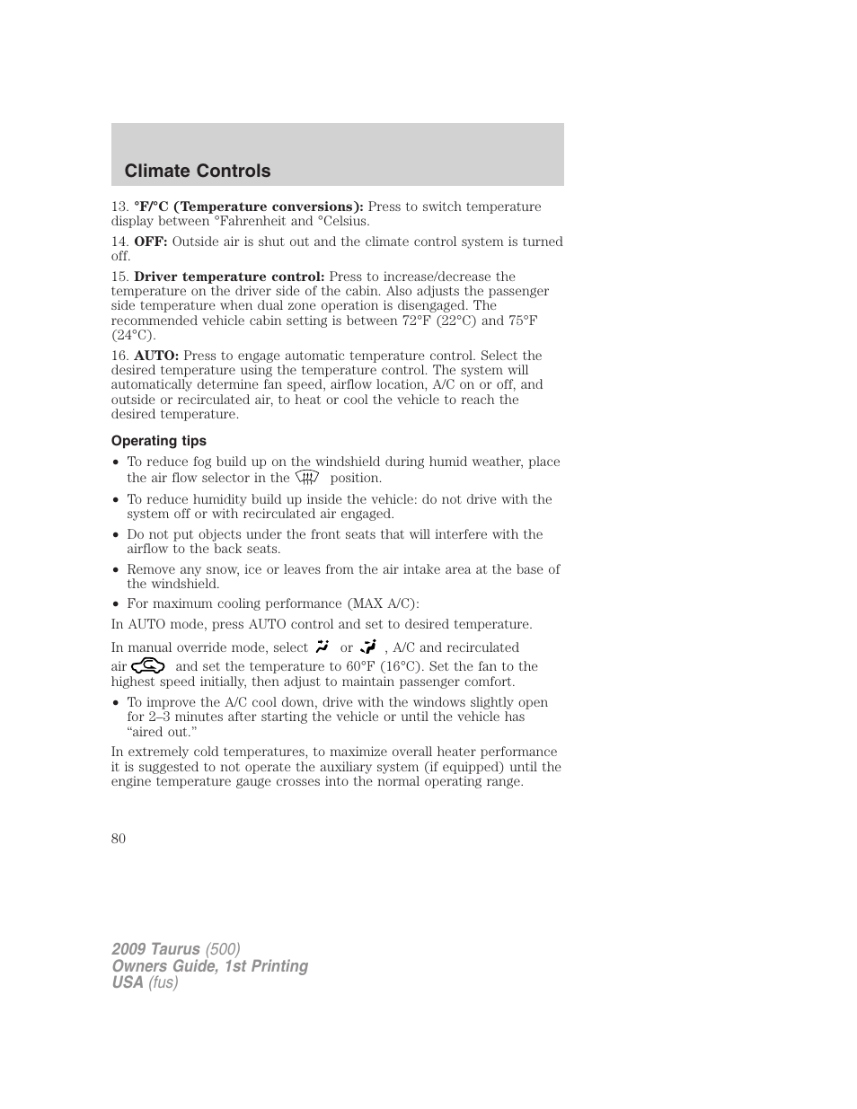 Operating tips, Climate controls | FORD 2009 Taurus v.1 User Manual | Page 80 / 336