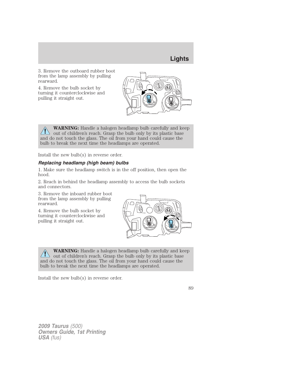 Replacing headlamp (high beam) bulbs, Lights | FORD 2009 Taurus v.1 User Manual | Page 89 / 336