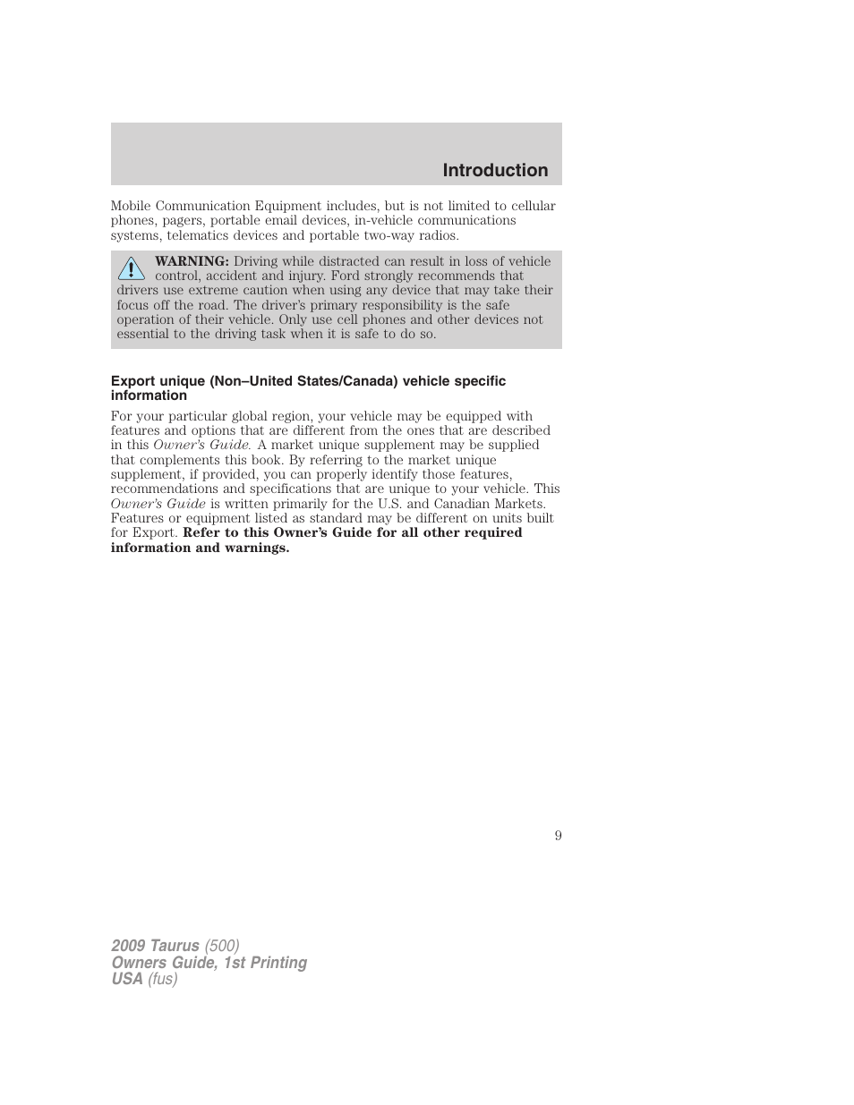 Introduction | FORD 2009 Taurus v.1 User Manual | Page 9 / 336