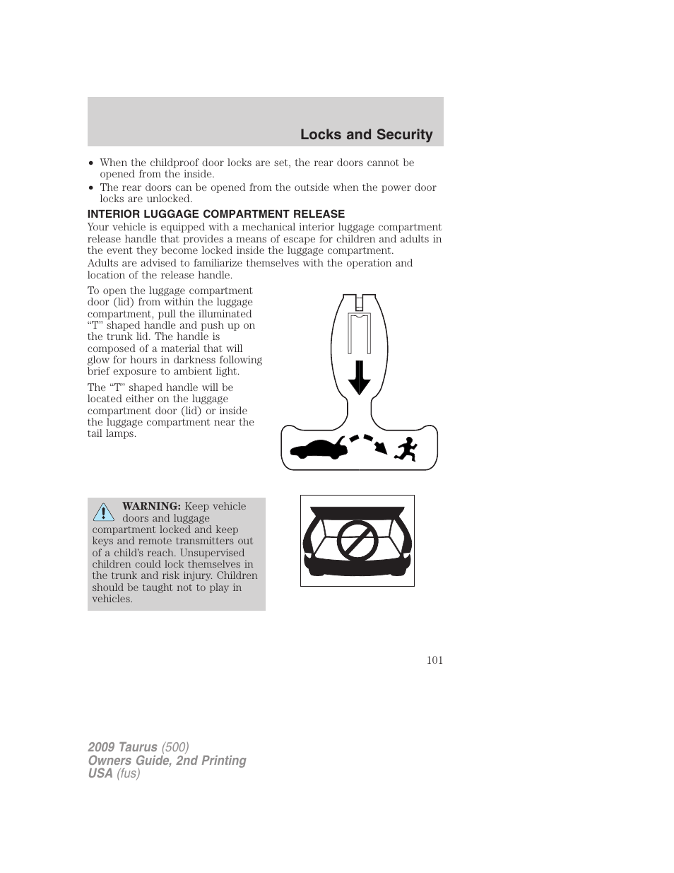 Interior luggage compartment release, Locks and security | FORD 2009 Taurus v.2 User Manual | Page 101 / 308