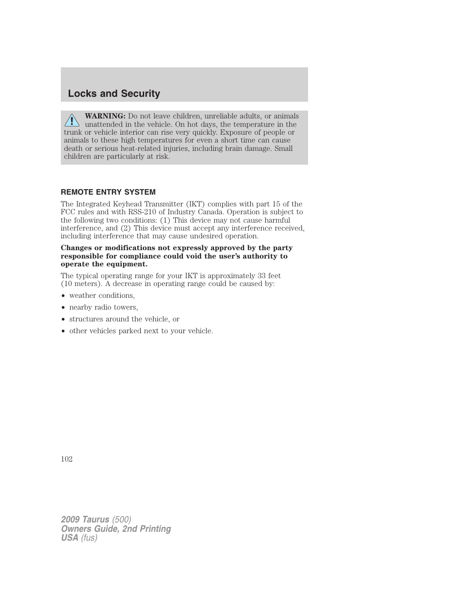 Remote entry system, Locks and security | FORD 2009 Taurus v.2 User Manual | Page 102 / 308
