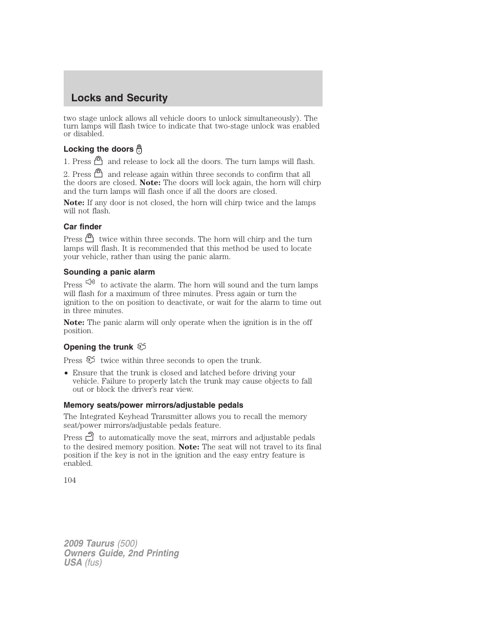 Locking the doors, Car finder, Sounding a panic alarm | Opening the trunk, Memory seats/power mirrors/adjustable pedals, Locks and security | FORD 2009 Taurus v.2 User Manual | Page 104 / 308